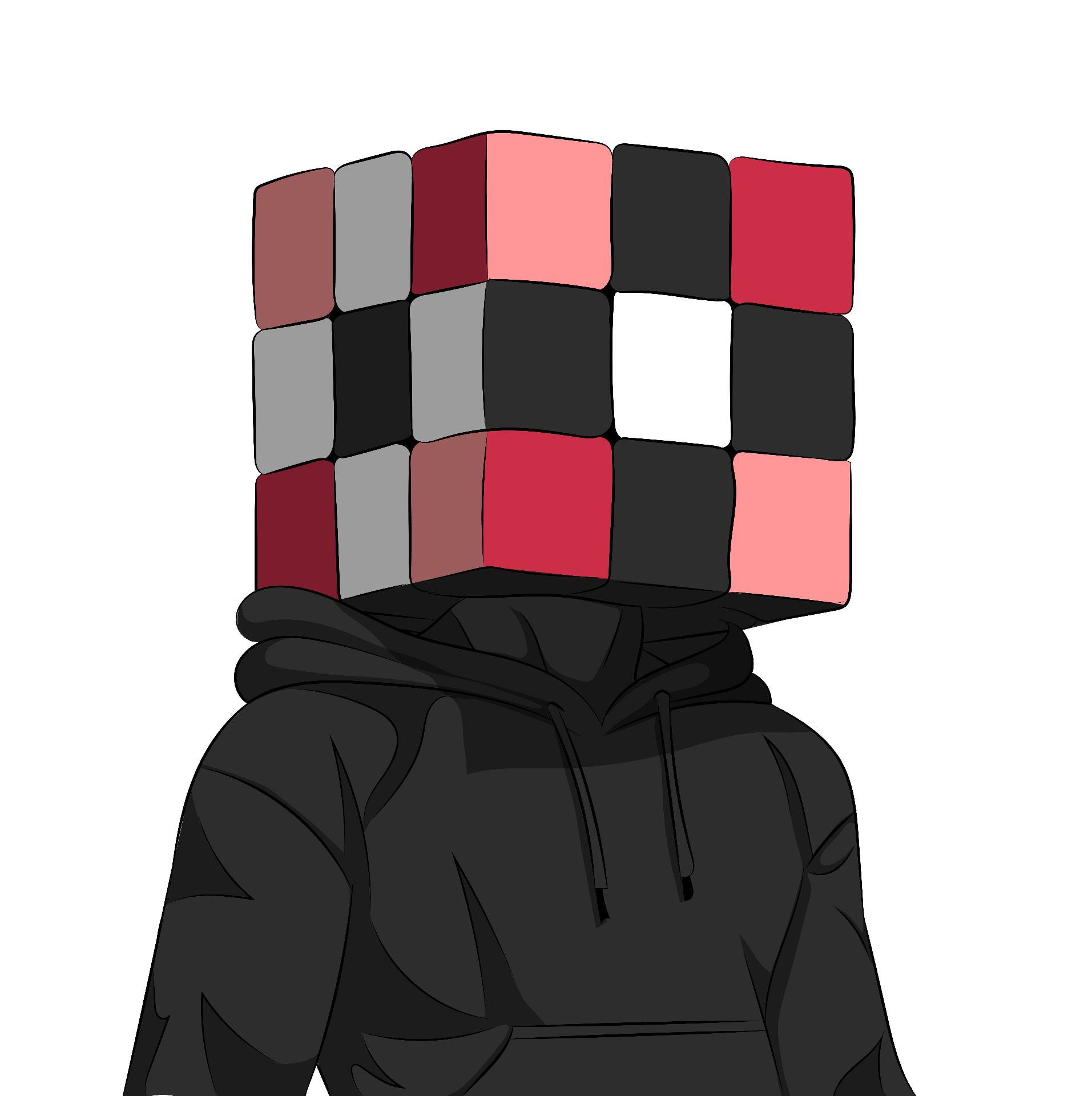 Red and grey cube face in a black hoodie