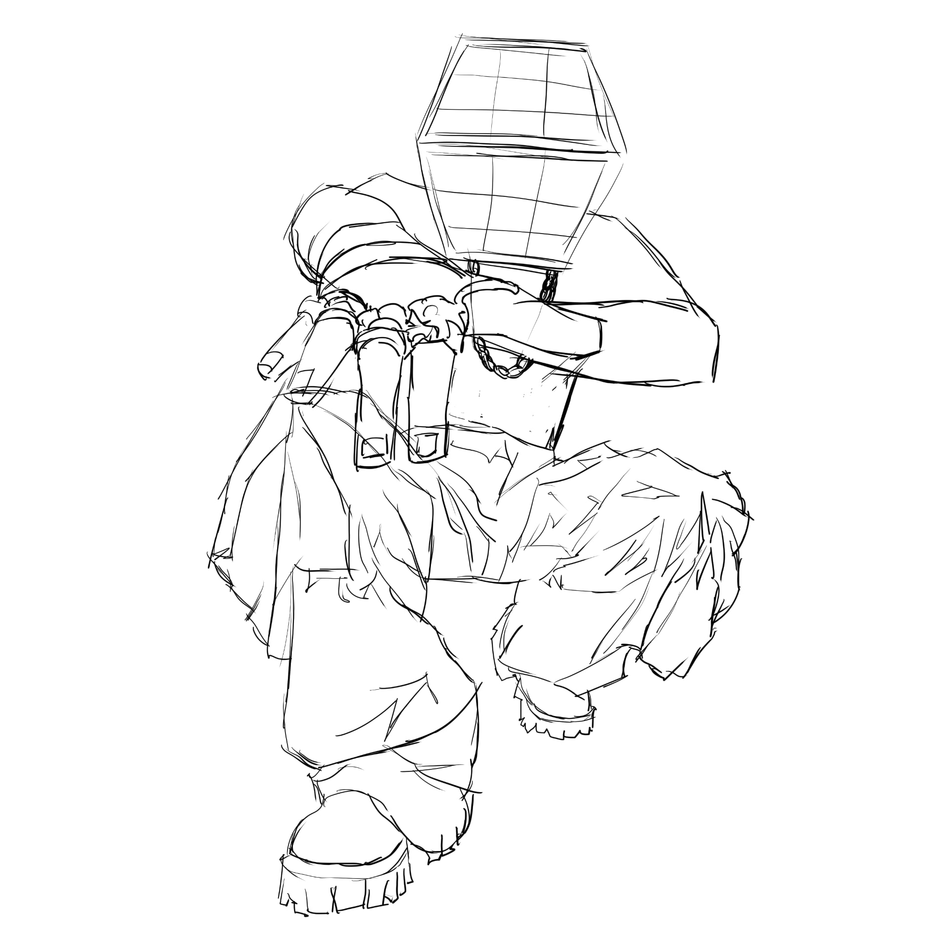 Crouching cube-headed figure — sketch
