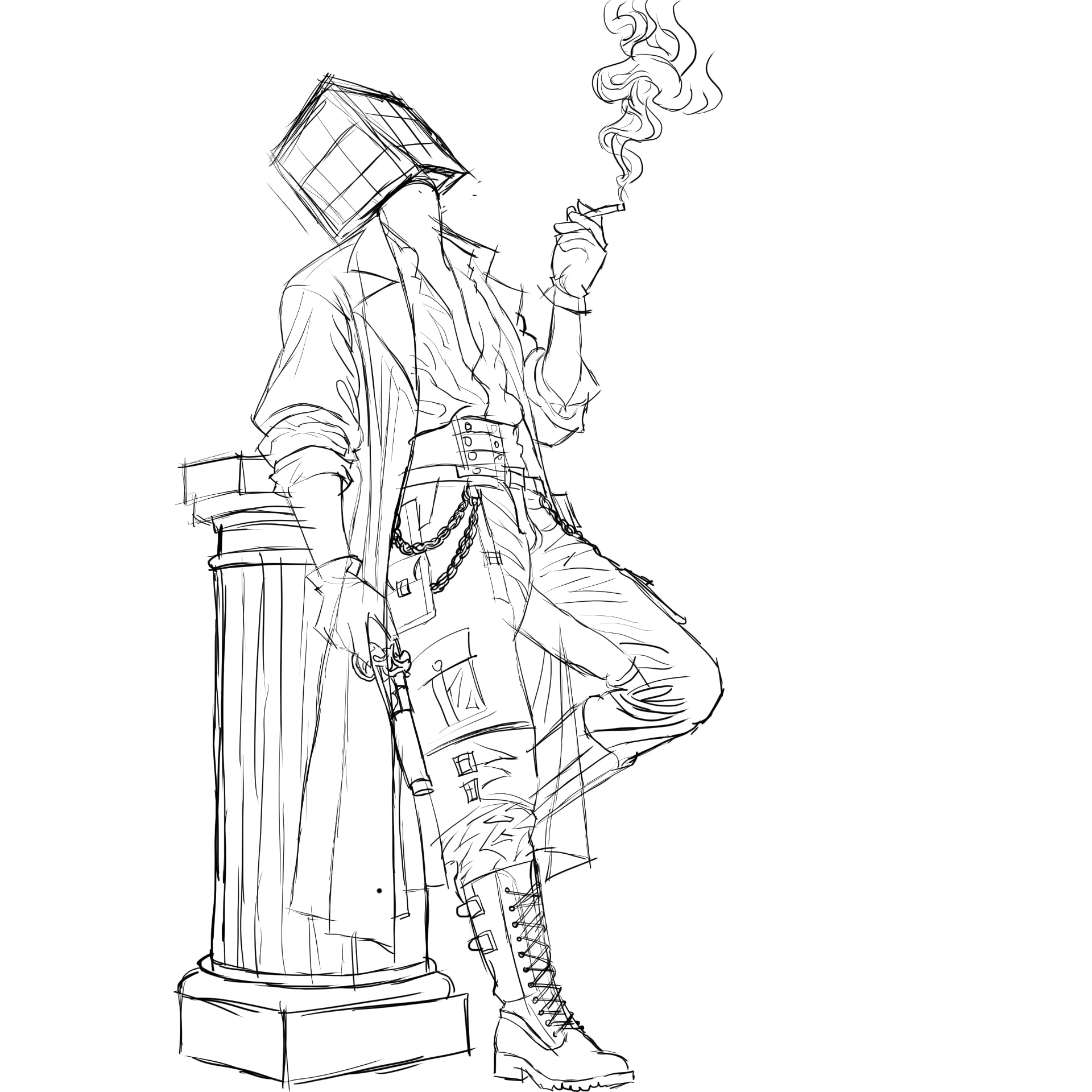 Cube-headed figure in a trench coat — line art