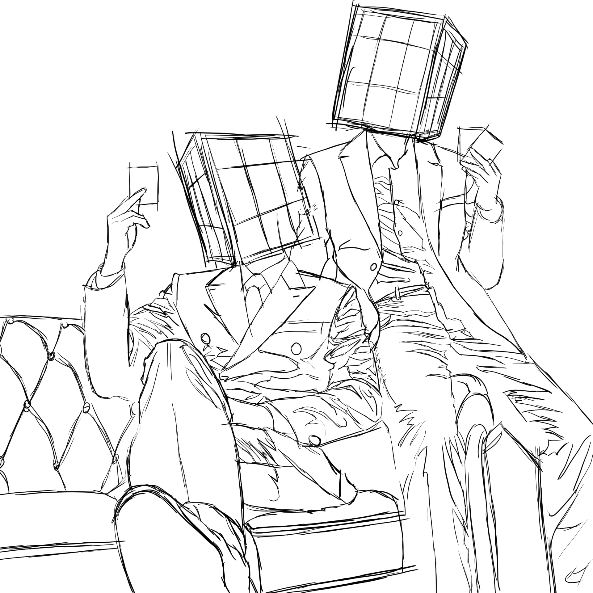 Two cube-headed figures on a sofa — sketch