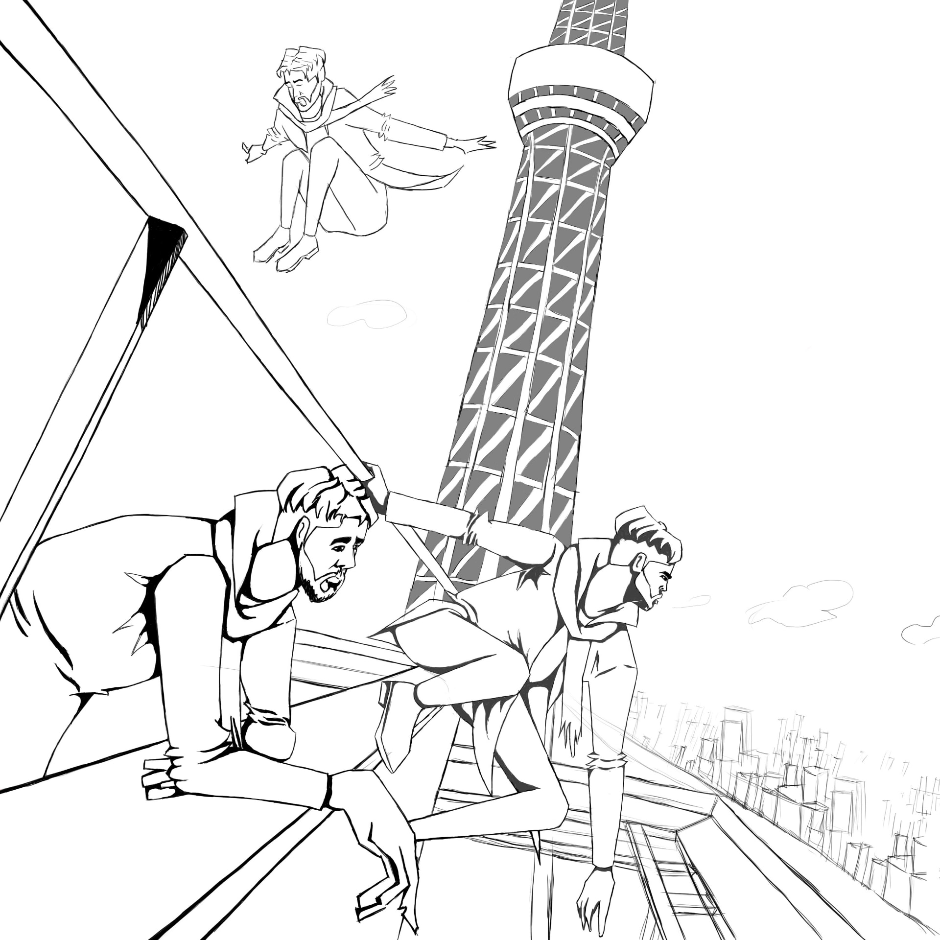 Figures climbing a tower above the city — Mzerance scene