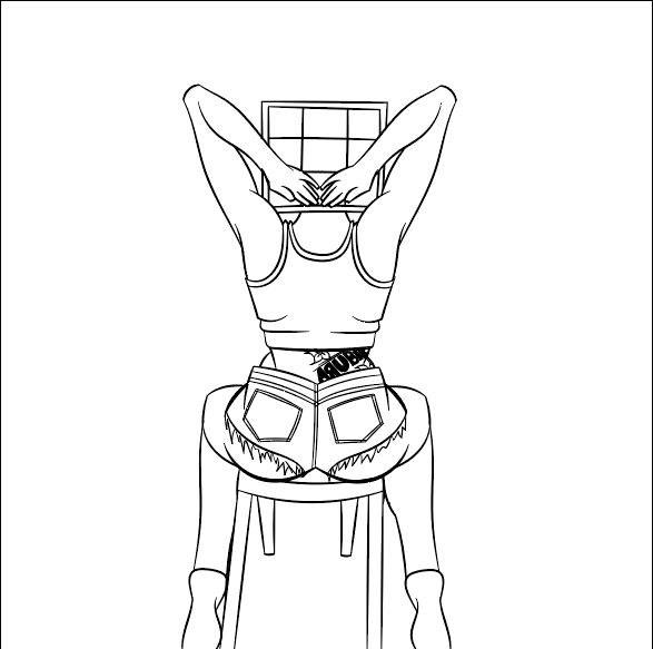 Seated cube-headed figure — line study