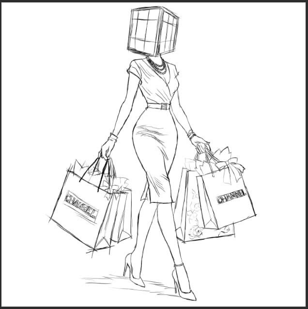 Cube head figure with shopping bags — fashion sketch