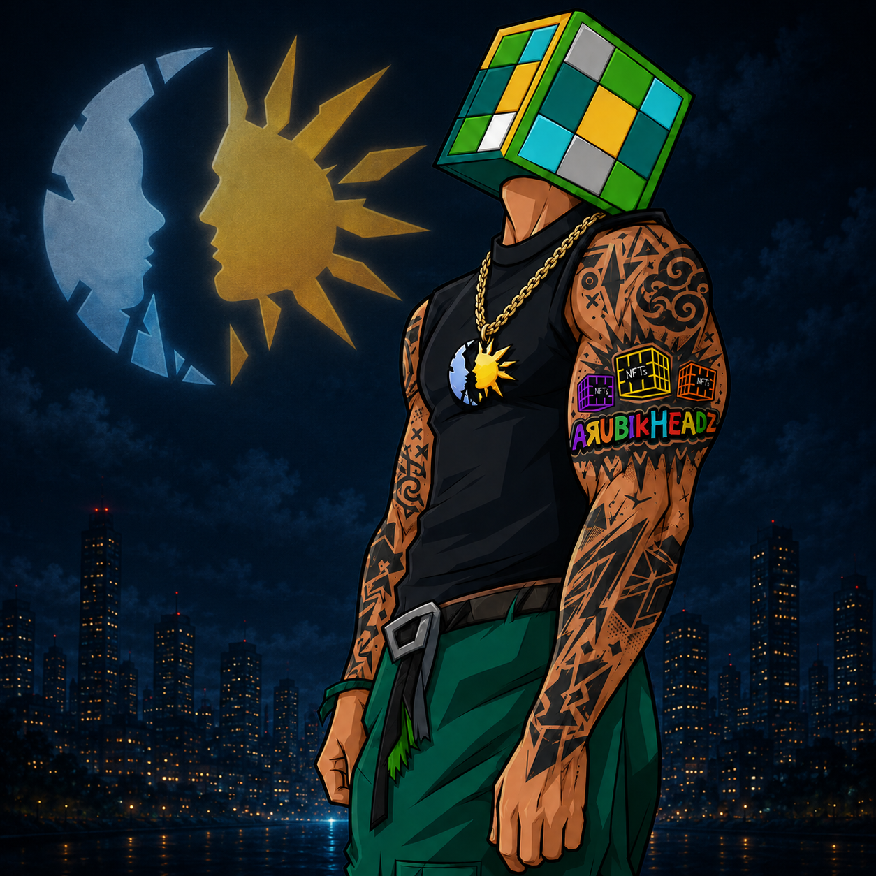 Cube-headed figure under a sun and moon skyline