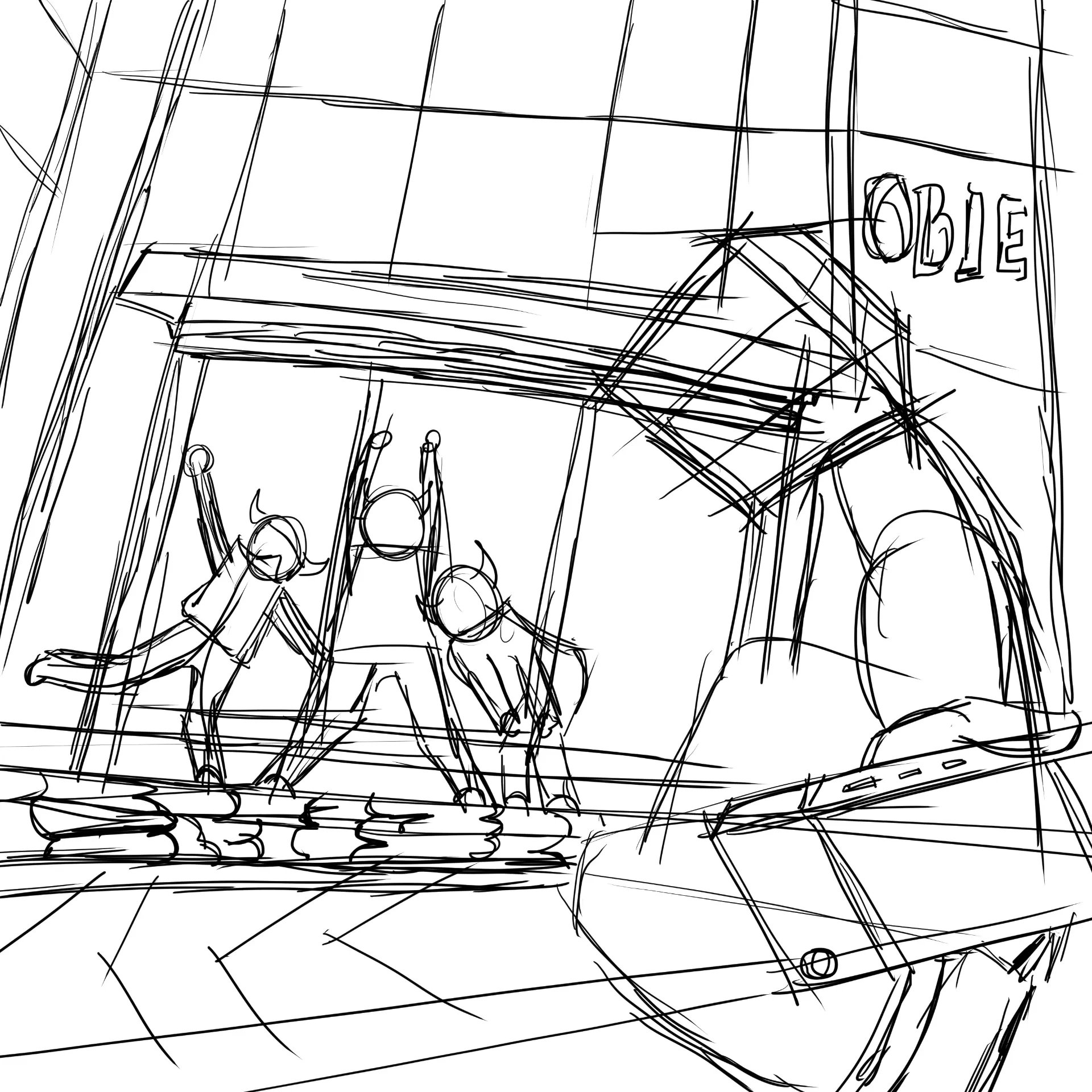OBIE storefront scene — rough perspective sketch