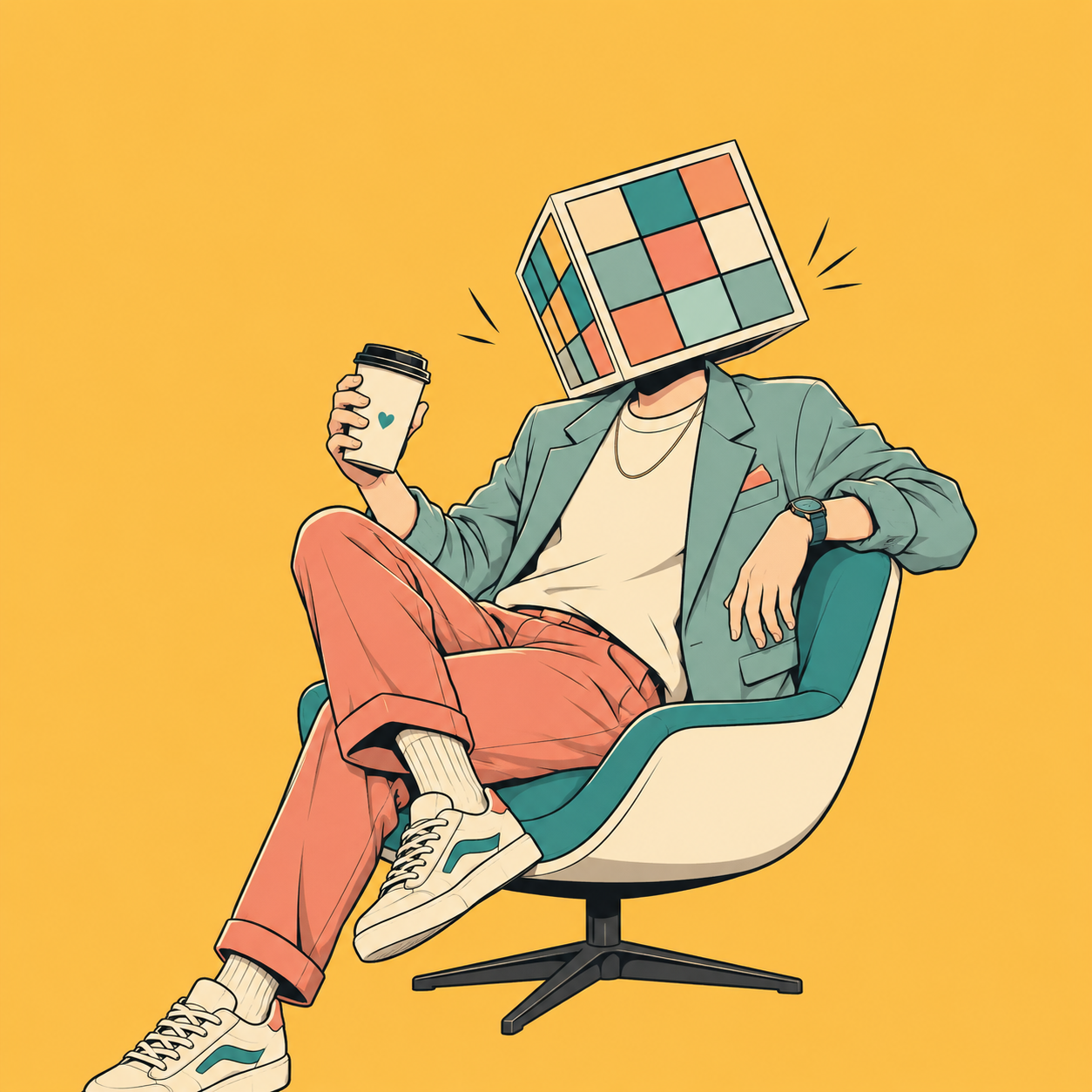Cube head lounging in a chair with coffee — teal palette