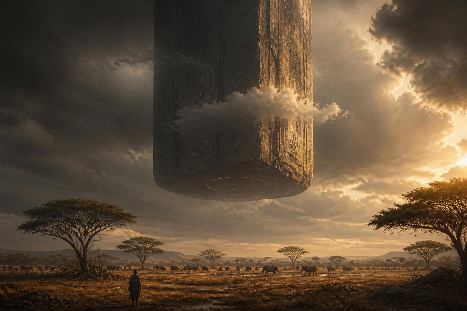 Colossal monolith floating above the savanna